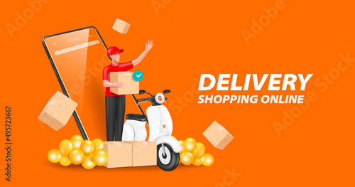 Delivery man He stood holding a parcel box and waved to invite customers to use his online shopping service. He had scooter beside him and smartphone behind him,vector 3d isolated on orange background