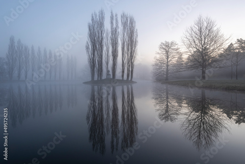 Im Wörlitzer Gartenreich spiegeln sich in der Morgendämmerung mehrere Bäume in einem Teich. Das Dessau-Wörlitzer-Gartenreich gehört seit dem Jahr 2000 zum Unesco-Welterbe.