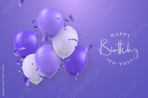 Happy Birthday banner. Realistic 3d balloons filled with helium on very peri background. Vector template for invitations, postcard, greeting cards.
