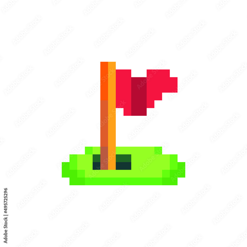 Flag in hole, pixel art icon, red flag isolated vector illustration icon. 8-bit sprite. Design stickers, logo, mobile app. Flag in hole, pixel art icon, red flag isolated vector illustration icon. 8-bit sprite. Design stickers, logo, mobile app.
