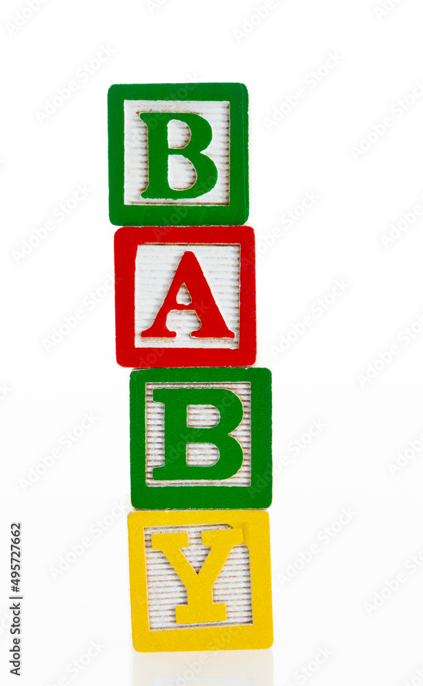 Word baby writing with wooden blocks Word baby writing with wooden blocks