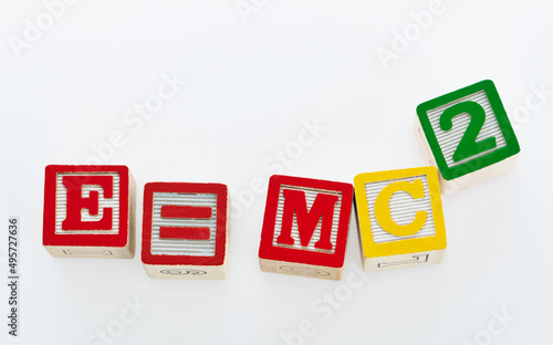 E=MC2 writing with wooden blocks photo