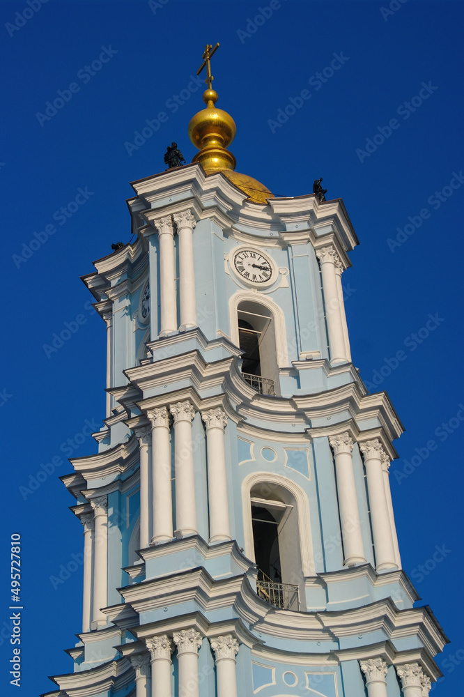 Baroque bell tower of Transfiguration Cathedral in Sumy, Ukraine