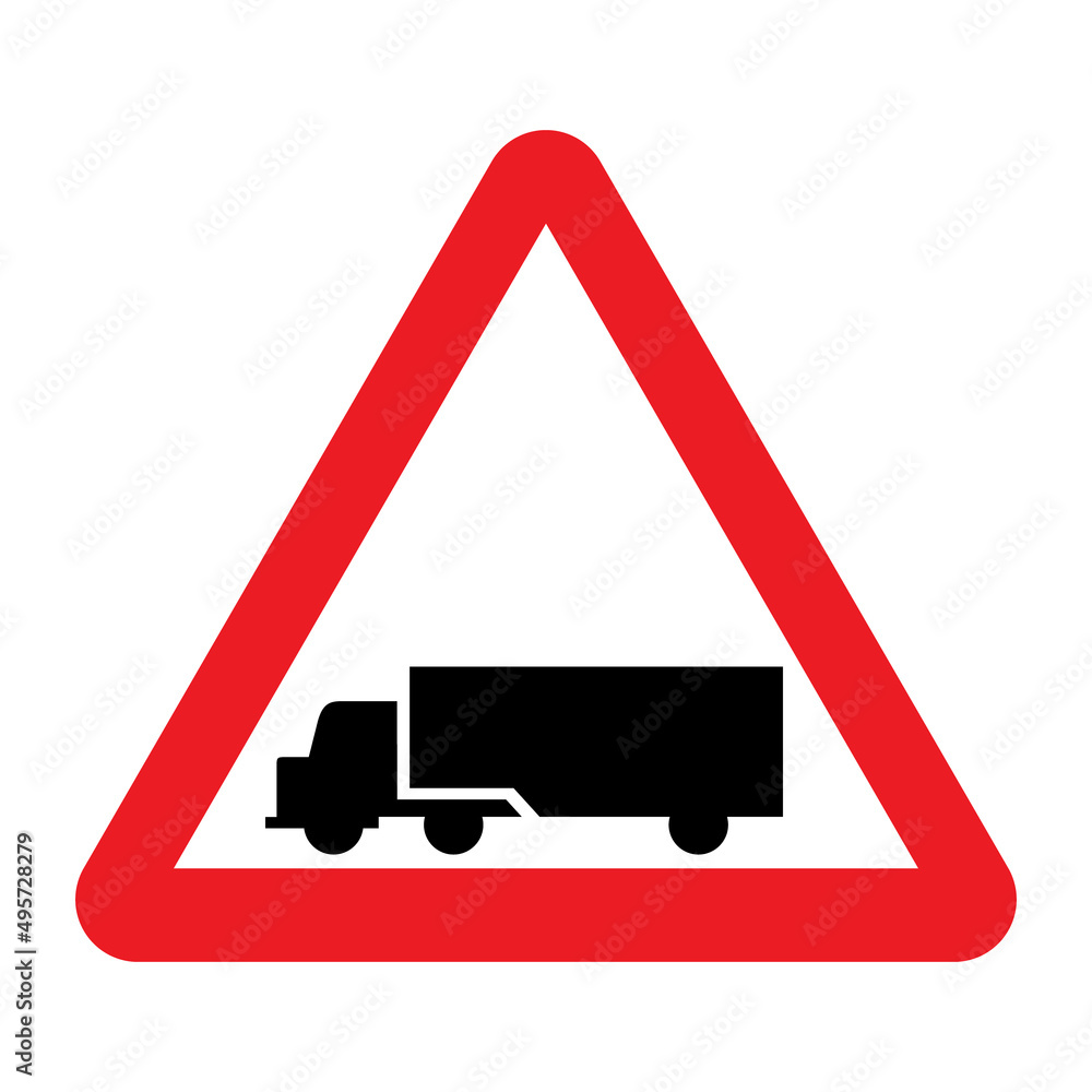 Truck warning sign. Vector illustration of red triangle sign with lorry icon inside. Heavy goods vehicle HGV symbol. Caution trucks isolated on background. Truck warning sign. Vector illustration of red triangle sign with lorry icon inside. Heavy goods vehicle HGV symbol. Caution trucks isolated on background.