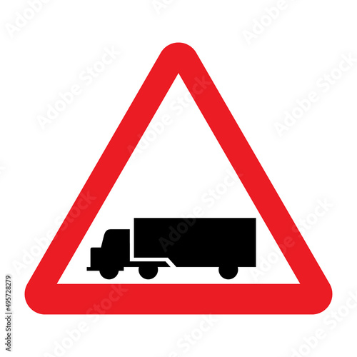 Truck warning sign. Vector illustration of red triangle sign with lorry icon inside. Heavy goods vehicle HGV symbol. Caution trucks isolated on background.