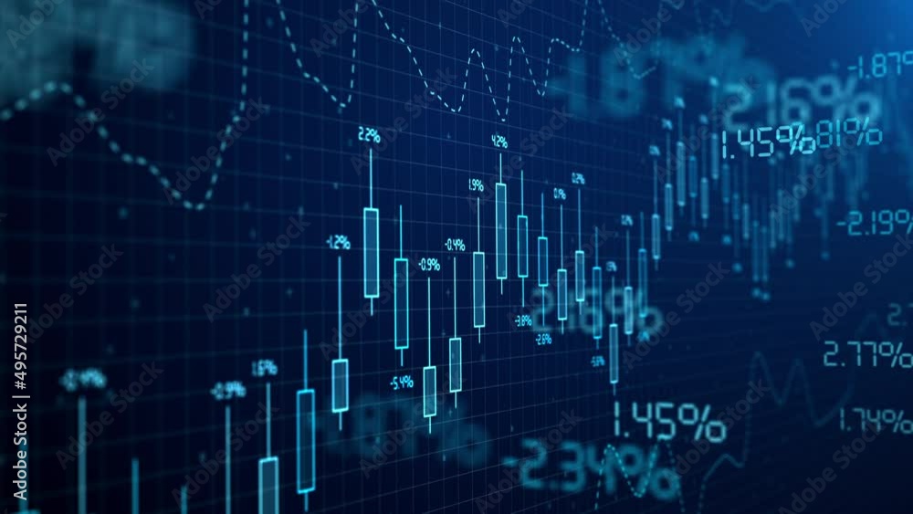 Stock market exchange and forex candles chart background. Investment indexes and currency stats data. Finance and trade concept. Bitcoin and cryptocurrency trading
