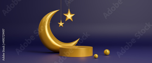 Ramadan podium for product sale and product advertisement islamic theme with crescent moon and star banner on black background, gold cylinder stand, minimal muslim scene, Eid Mubarak, 3d rendering