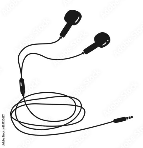 Hand drawn cute cartoon illustration of wired headphones. Flat vector headset sticker in simple line art doodle style. Outline music device icon or print. Isolated on white background.