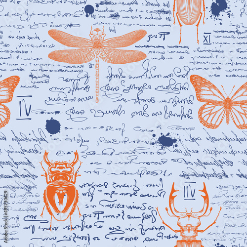 vector image of a seamless textured background in the style of notes from an entomologist diary with sketches, formulas and notes and sketches of insects
