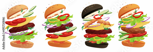 Delicious flying burger with chili, tomato, cheese, cucumber, meat, onion, ketchup and salad. Bun with sesame. Cartoon vector illustration.