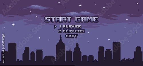 Pixel art city game home screen. Vector 8bit game background with sky, buildings, constructions