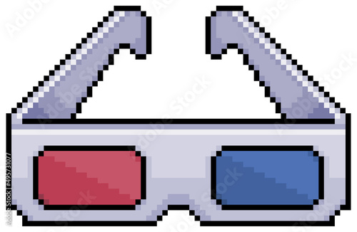 Pixel art 3d glasses. Movie glasses vector icon for 8bit game on white background
