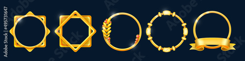 Golden avatar game frame set, vector royal circle geometric kit, round UI level up reward shapes. Winner luxury isolated award collection, ranking decoration menu design elements. Avatar frames