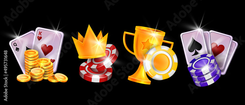 Casino icon set, golden winner cup, chips, vector poker Vegas gambling logo kit, royal victory crown. Lucky badge on black, blackjack playing cards, web tournament trophy gift. 3D casino icons