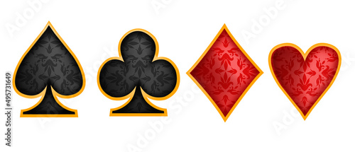 Poker card suit vector casino icon set, isolated game gambling symbol kit, spades, red hearts, diamonds. UI blackjack lucky pictogram collection, vintage Vegas badge on white. Poker suit illustration