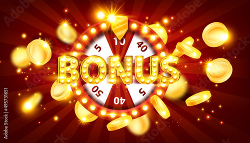 Bonus casino banner, vector jackpot prize game sign, flying gold coins, retro lucky wheel, light bulb. Fortune spin bonus illustration lottery winner celebration background. Bonus promotion