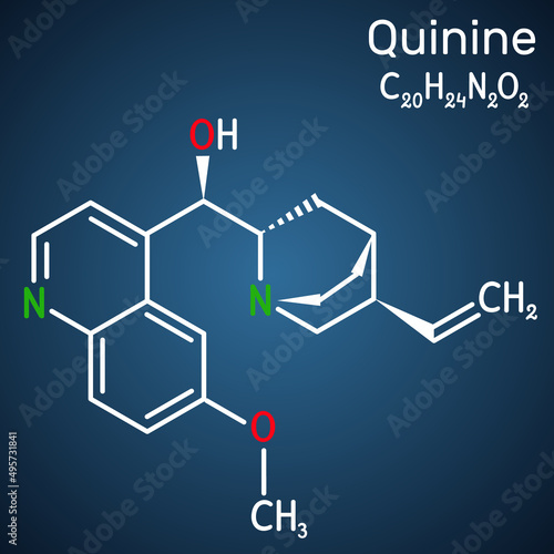 Quinine molecule. It is natural alkaloid derived from the bark of the cinchona tree, used to treat malaria and babesiosis. Structural chemical formula on the dark blue background