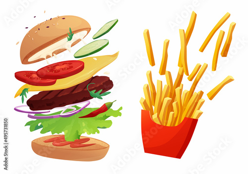 Delicious flying burger with chili, tomato, cheese, cucumber, meat, onion, ketchup and salad. French fried potato in a red pack box. Fast food, junk.