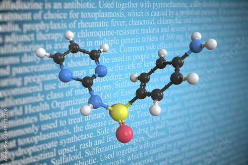 Molecular model of sulfadiazine, 3D rendering photo