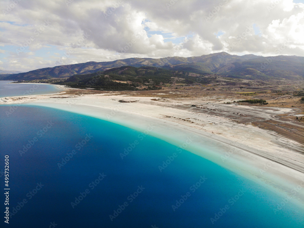 Deserted crystal clear blue Salda lake from above in Burdur, Turkey