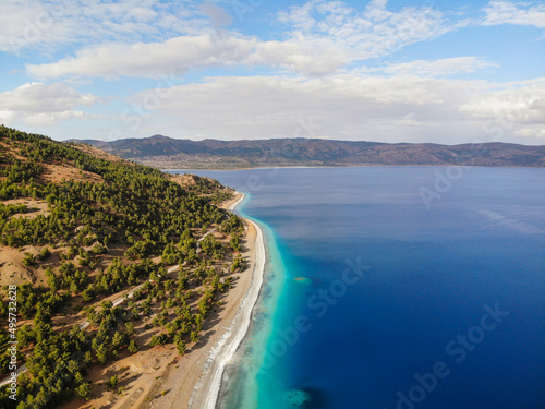 Deserted crystal clear blue Salda lake from above in Burdur  Turkey