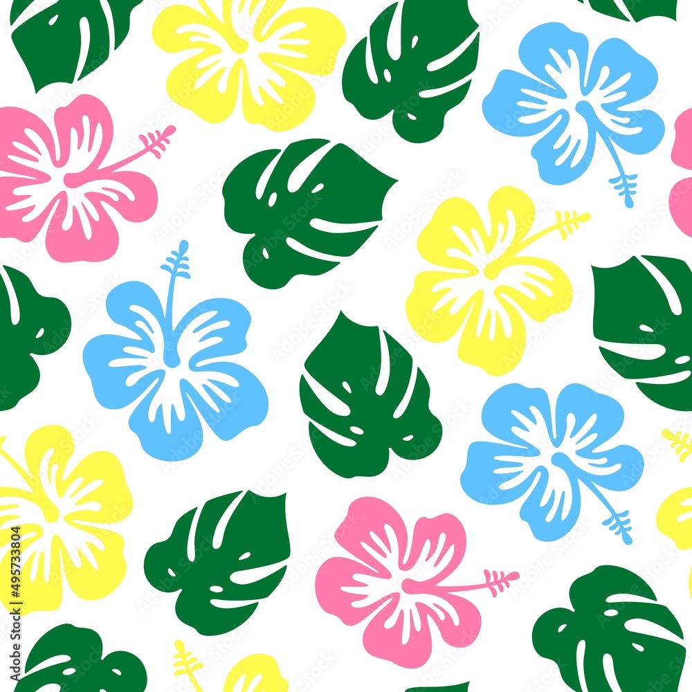 Vector seamless pattern with tropical hibiscus flowers and monstera leaves on white background. Tropical floral colorful background. Blooming Hibiscus vector silhouette, Summer vibe graphic design.