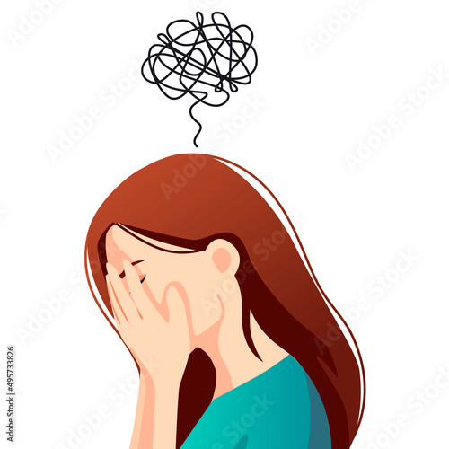Anxiety, sad and depressed woman. Difficult life situation, headache, confusion. Females mood and health.