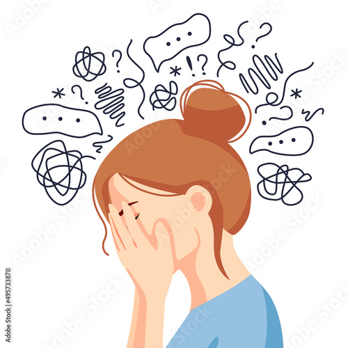 Anxiety, depression, stress, headache. Dizziness, sad and anxious thoughts of woman. Young famale is surrounded by stream of thoughts, chaos in head. Mental disorder.