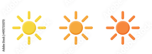 3D sun. Vector set of toy suns. Clay or plastic sun. Vector clipart isolated on white background.