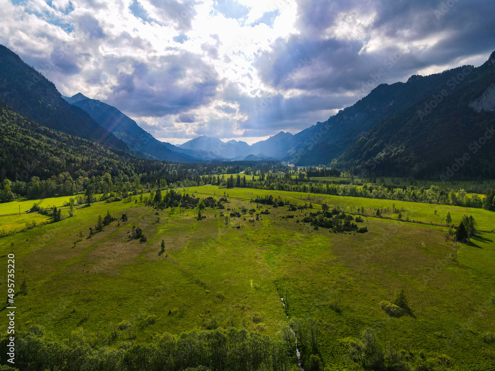 Amazing nature of Bavaria in the Allgau district of the German Alps - aerial view
