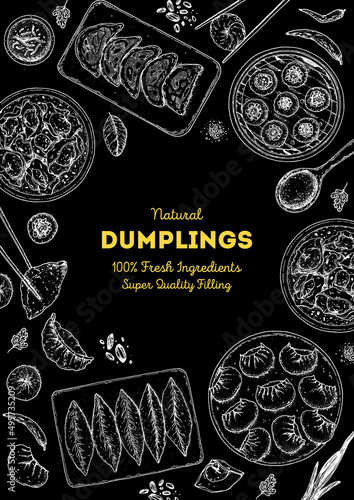 Dumplings top view frame. Food menu design template. Hand drawn vector illustration. Chinese dumplings. Vintage illustration. Hand drawn food sketch. Design template.