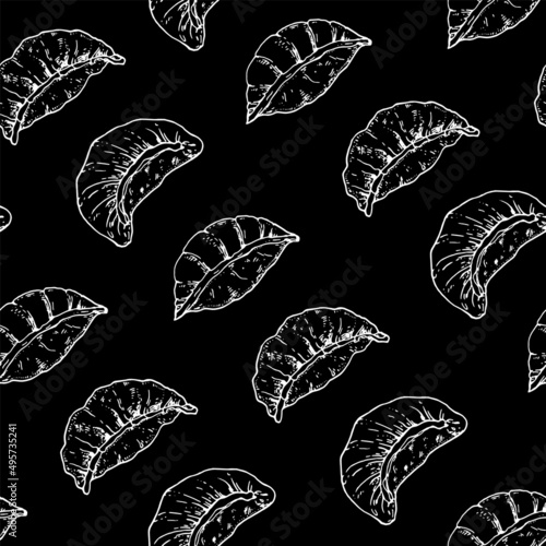 Gyoza or dumplings seamless pattern. Hand drawn vector illustration. Food sketch background.