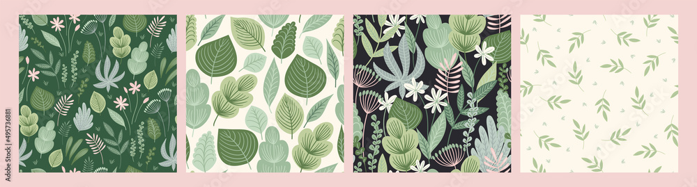 Set of abstract art seamless patterns with tropical leaves. Modern exotic design
