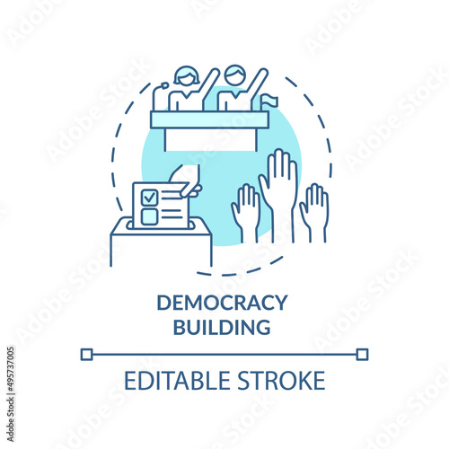 Democracy building turquoise concept icon. Armed conflicts prevention abstract idea thin line illustration. Isolated outline drawing. Editable stroke. Arial, Myriad Pro-Bold fonts used