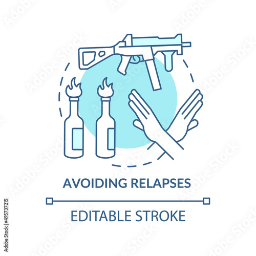 Avoiding relapses turquoise concept icon. Post conflict stabilization abstract idea thin line illustration. Ban on weapons. Isolated outline drawing. Editable stroke. Arial, Myriad Pro-Bold fonts used
