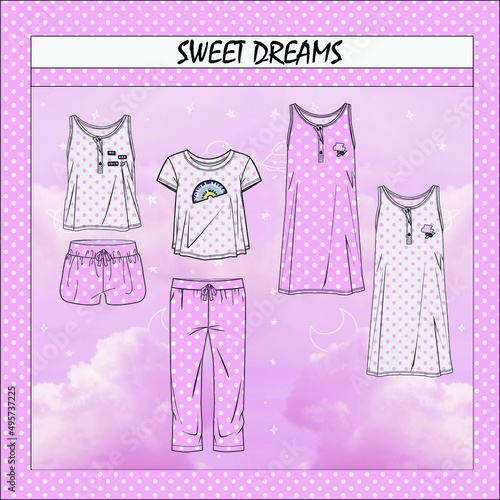 teen age pajamas technical drawing , set of homewear sketch