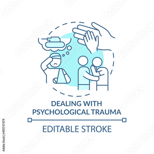 Dealing with psychological trauma turquoise concept icon. Rebuilding nation from war abstract idea thin line illustration. Isolated outline drawing. Editable stroke. Arial, Myriad Pro-Bold fonts used