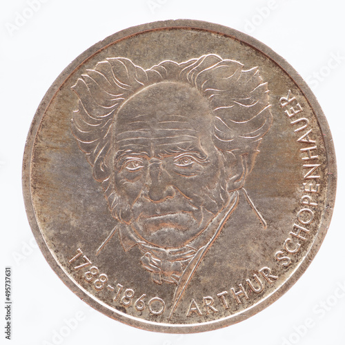 Germany - circa 1988: a 10 DM coin of Germany with a portrait of the philosopher and university teacher Arthur Schopenhauer