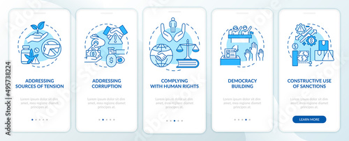 Preventing armed hostilities blue onboarding mobile app screen. Democracy walkthrough 5 steps graphic instructions pages with linear concepts. UI, UX, GUI template. Myriad Pro-Bold, Regular fonts used