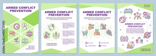Armed conflict prevention green brochure template. Achieving peace. Leaflet design with linear icons. 4 vector layouts for presentation, annual reports. Arial-Black, Myriad Pro-Regular fonts used