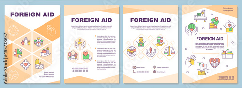 International aid orange brochure template. Protecting human rights. Leaflet design with linear icons. 4 vector layouts for presentation, annual reports. Arial-Black, Myriad Pro-Regular fonts used