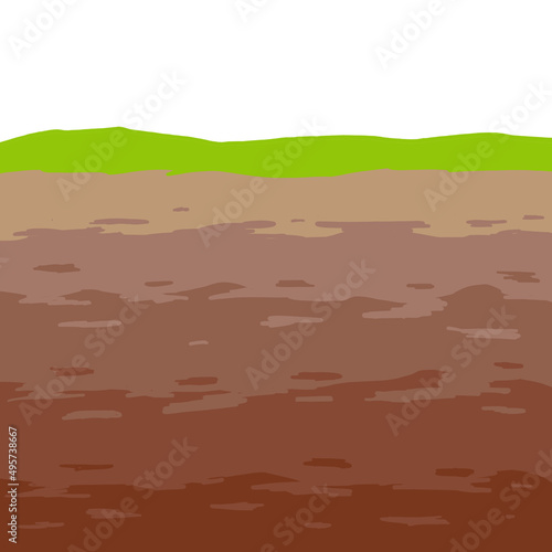 Land in the section. Underground background. Geological layer. Archaeological scenery. Brown ground. Dirt clay and green grass. Vector cartoon