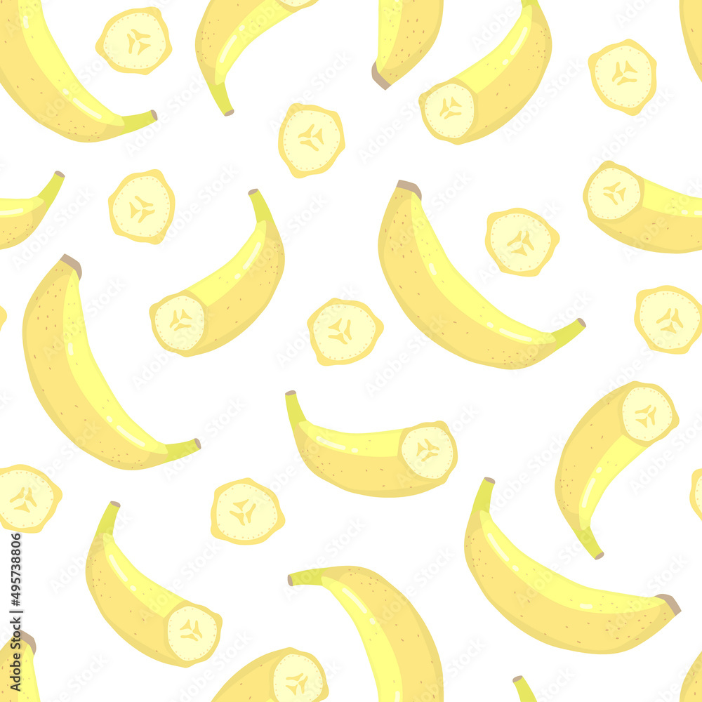 Bananas seamless pattern. Vector illustration. Cartoon texture of yellow peeled, multiple and single bananas, flat tropical fruit fabric design.