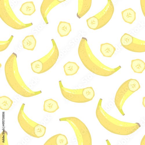 Bananas seamless pattern. Vector illustration. Cartoon texture of yellow peeled, multiple and single bananas, flat tropical fruit fabric design.