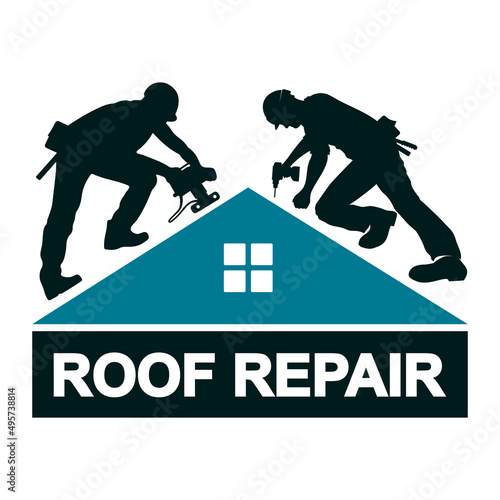 Two roofers on the roof of a house. Symbol for roof repair and construction