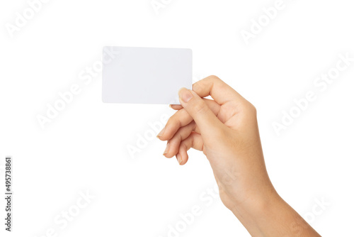 business woman hand holding business card isolated on white background with clipping path