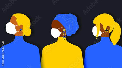 Women in medical masks of different nationalities and religions. Coronavirus quarantine concept in blue and yellow color paper cut style. Female solidarity. vector