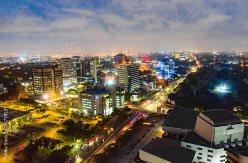 Aerial shot of the city of Accra in Ghana at night