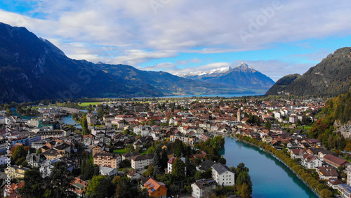 Aerial view over the city of Interlaken in Switzerland - amazing drone footage