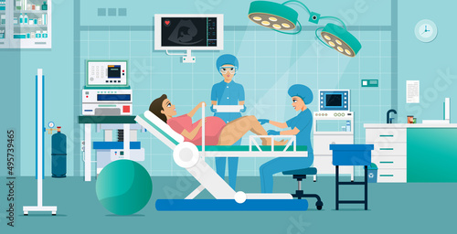 A doctor is giving a natural birth to a pregnant woman.